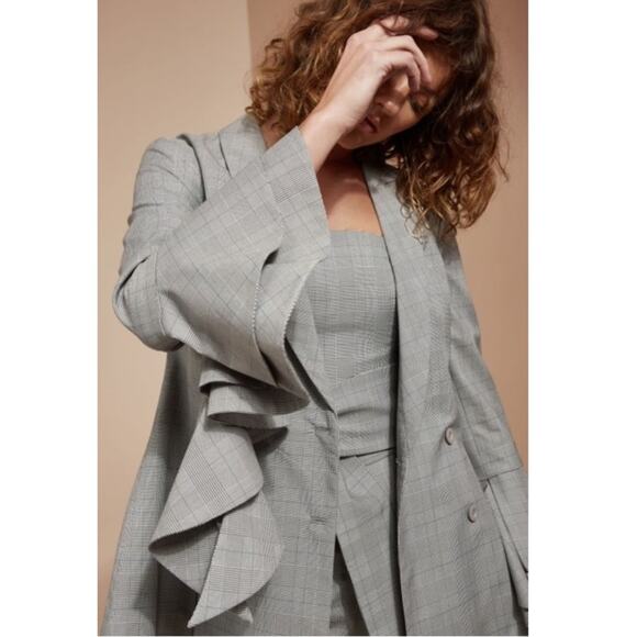 C/MEO Cooperative We Woke Up micro plaid ruffle double breast blazer Medium NWOT - Picture 4 of 16